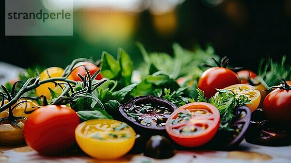 Frische Tomaten mit Basilikum und Olivenöl auf einem schwarzen Teller. Selektiver Fokus AI erzeugt  KI generiert