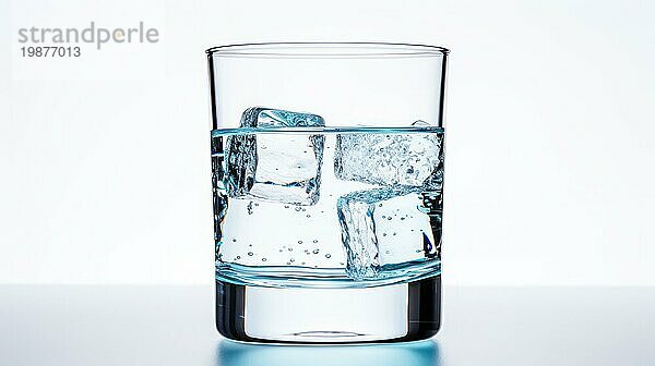 Ein klares  mit Wasser und Eiswürfeln gefülltes Glas auf hellem Hintergrund  das ein Gefühl von Erfrischung und Einfachheit ausstrahlt  das Ai erzeugt hat
