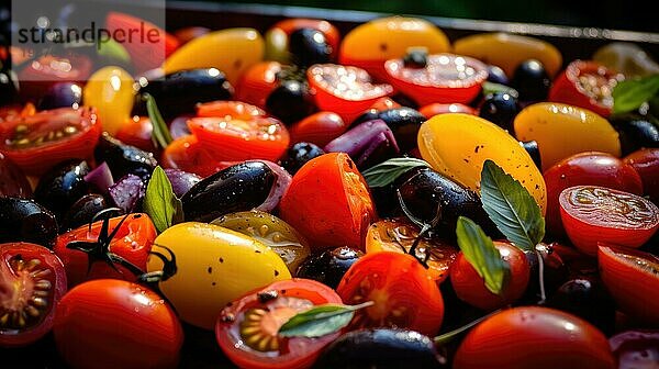 Bunte Tomaten mit schwarzen Oliven und Basilikum. Selektiver Fokus. Gegrillte Tomaten AI erzeugt  KI generiert