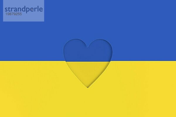 Flagge der Ukraine auf bedrucktem Karton mit ausgestanzter Herzform im Inneren. Ansicht von oben
