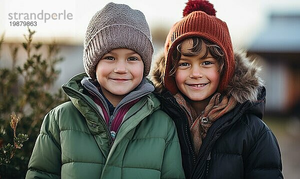 Zwei Kinder  die zusammen lächeln. Winterzeit. Sonnenuntergang Licht AI generiert  KI generiert