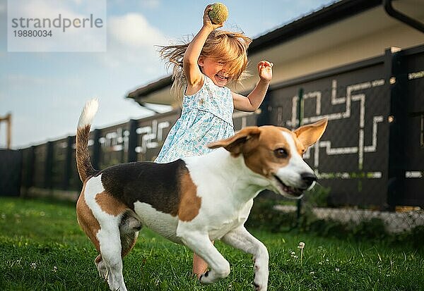Baby Mädchen läuft mit Beagle Hund im Hinterhof am Sommertag. Haustier mit Kindern Konzept