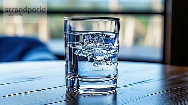 Ein Glas Wasser mit Eiswürfeln auf einem Holztisch  mit weichen Reflexionen und Bokeh Ai generiert