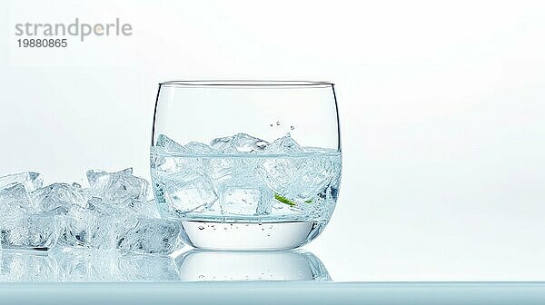 Ein klares  halb mit Wasser und Eiswürfeln gefülltes Glas  das ein Gefühl von Frische und Reinheit vermittelt  das Ai erzeugt hat