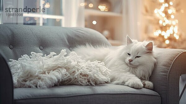 Schöne weiße Katze auf Sofa im Wohnzimmer. Platz für Text AI erzeugt  KI generiert