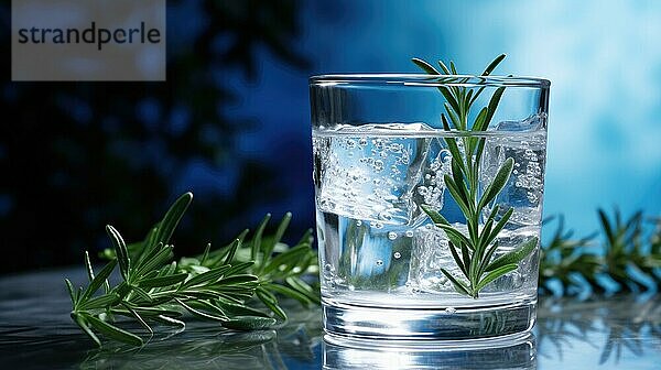 Eine Nahaufnahme eines Glases Wasser mit Eiswürfeln und einem Rosmarinzweig  die ein Gefühl der Erfrischung vermitteln  das Ai erzeugt hat