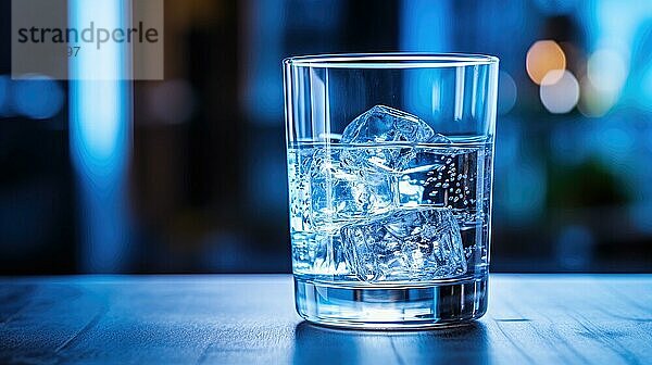 Ein klares  mit Eiswürfeln und Wasser gefülltes Glas auf einem Holztisch  unter weicher Beleuchtung mit einem von Ai erzeugten Bokeheffekt