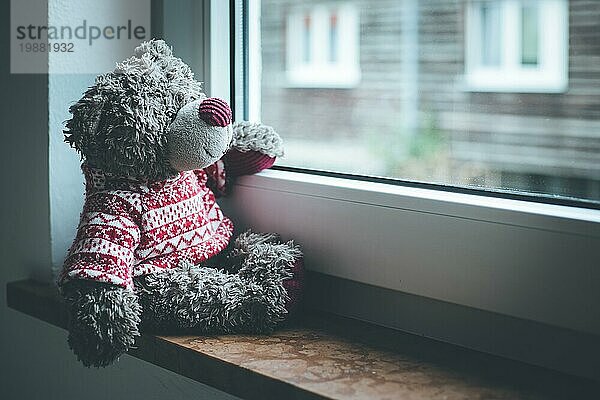 Niedlicher Teddybär sitzt auf der Fensterbank und schaut aus dem Fenster