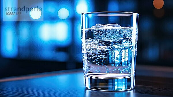 Eine Nahaufnahme eines Glases Wasser mit Eiswürfeln  beleuchtet mit Blautönen und weichen Bokeh Lichtern Ai erzeugt