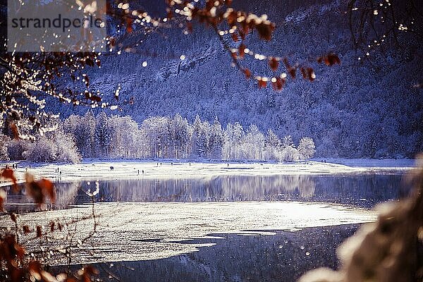 Idyllische Winterlandschaft: Spiegelnder See  verschneite Bäume und Berge