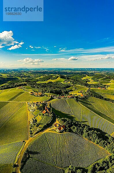 Südsteirische Weinberge Luftbildpanorama Landschaft. Blick von der Weinstraße auf die Weinberge im Sommer. Touristisches Ziel  Reiseziel