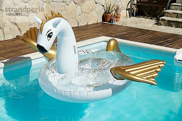 Szene eines niedlichen aufblasbaren Drachens  der an einem sonnigen Tag im Swimmingpool eines Hauses schwimmt. Keine Menschen