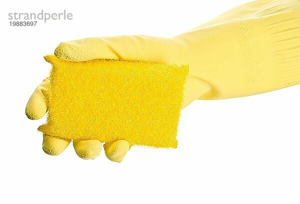 Hand in gelbem Handschuh mit Schwamm