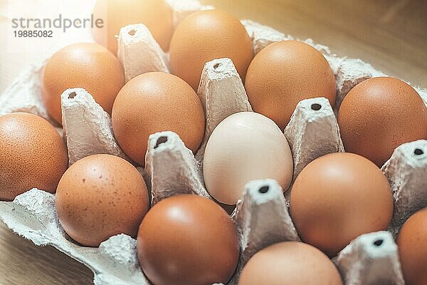 Braune Eier und ein weißes Ei in einem Korb