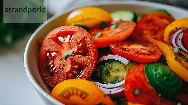 Geschnittene Tomate auf grünem Salat. Selektiver Fokus AI erzeugt  KI generiert