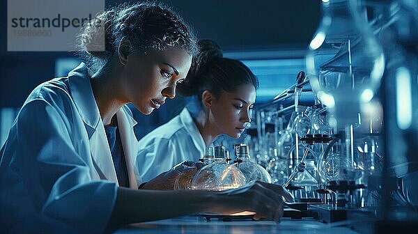 Zwei Wissenschaftlerinnen bei der Arbeit in einem Labor. Wissenschaft  Chemie  Biologie  Medizin und Menschen Konzept AI erzeugt  KI generiert