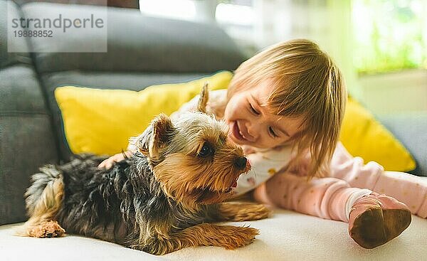 Kind mit einem Yorker Hund auf einem Sofa