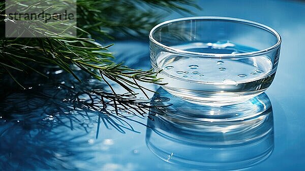 Ein klares Glas Wasser auf einer spiegelnden Oberfläche mit einem Kiefernzweig  der Reinheit und Gelassenheit suggeriert Ai erzeugt