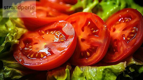 Geschnittene Tomate auf grünem Salat. Selektiver Fokus AI erzeugt  KI generiert