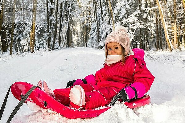 Baby auf einem Schlitten auf einem Weg im Winterwald. Verschneiter Wald Thema