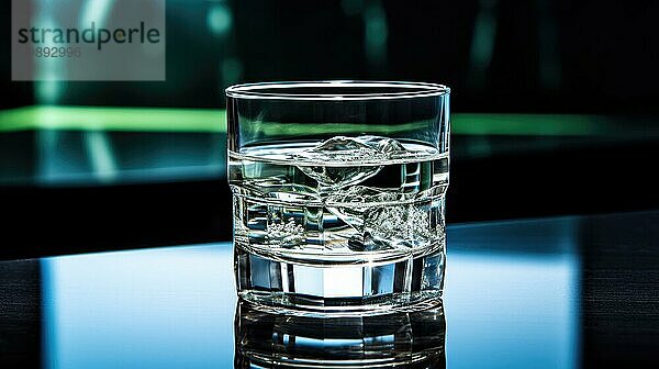 Ein klares  mit Wasser gefülltes Glas auf einer spiegelnden Oberfläche  das unter blauem Licht ein Gefühl von Reinheit und Erfrischung ausstrahlt Ai generated