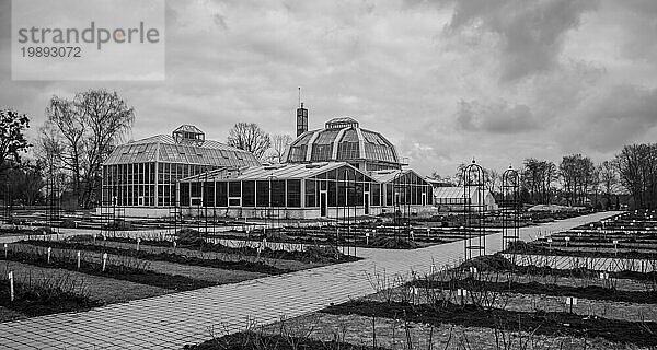 Ein Schwarzweißbild des Botanischen Gartens von Kaunas