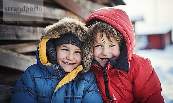Zwei Kinder im Winterkranz  die zusammen lächeln. Familie Konzept AI generiert  KI generiert