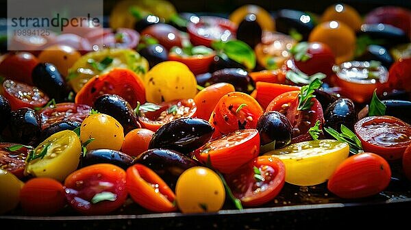 Salat mit Kirschtomaten  schwarzen Oliven und Basilikum. Selektiver Fokus AI generiert  KI generiert