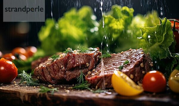 Rindersteak mit frischem Gemüse auf einem hölzernen Hintergrund. Selektiver Fokus AI erzeugt  KI generiert