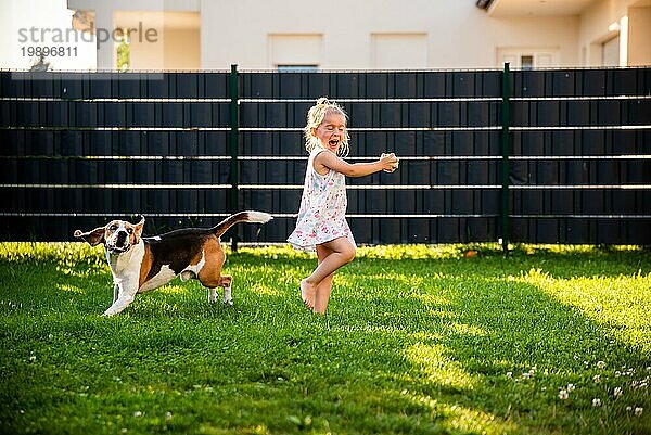 Baby Mädchen läuft mit Beagle Hund im Garten am Sommertag. Haustier mit Kindern Konzept. Hund jagt Kind mit einem Tennisball