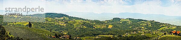 Panorama der Weinberge in der Südsteiermark in Österreich. Landschaft der Region Leibnitz vom Kogelberg aus. Touristisches Ziel  Grüne Hügel mit Weinreben und Bergen