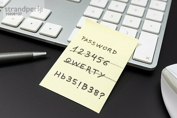 Starkes und schwaches einfaches Passwort auf einem gelben Klebezettel auf der Computertastatur geschrieben