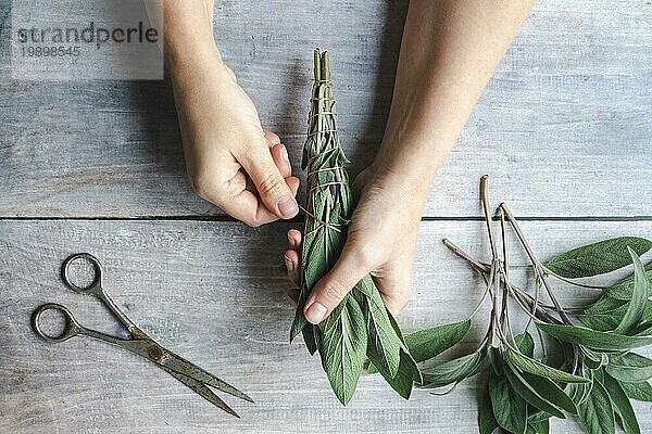 Salbei Räucherstäbchen herstellen  Hände wickeln Schnur um Salbeiblattbündel  natürliches Räucherwerk für Zuhause und Meditation