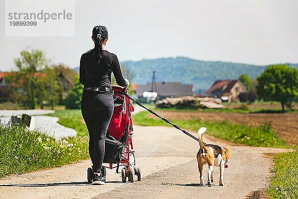 Frau zu Fuß mit Kinderwagen und Hund im Freien in der Natur auf einer Landstraße Sonniger Tag auf dem Lande mit Kind und Beagle Hund