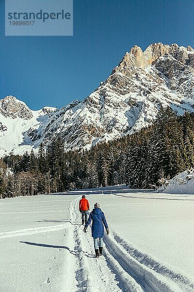 Gruppe von Menschen gehen auf einem verschneiten Wanderweg  idyllische Winterlandschaft mit atemberaubender Bergkette  verschneiten Bäumen und blauem Himmel