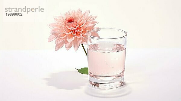 Eine rosafarbene Dahlienblüte  die auf einem Glas Wasser vor einem weißen Hintergrund ruht und Reinheit und Schlichtheit vermittelt Ai generated