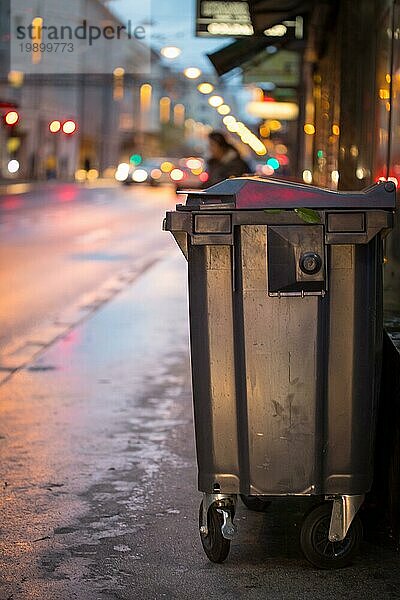 Städtisches Straßenleben mit Müllcontainer und Straßenbeleuchtung