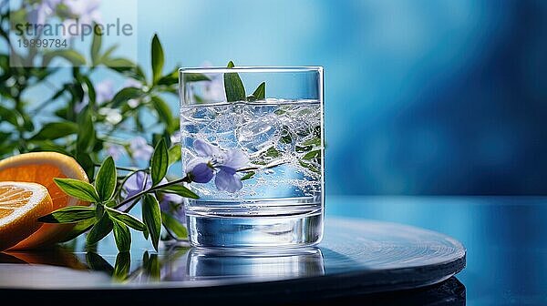 Eine heitere Szenerie mit einem mit Eis gefüllten Glas Wasser  daneben eine aufgeschnittene Orange und zarte Blumen  die Ai generiert hat