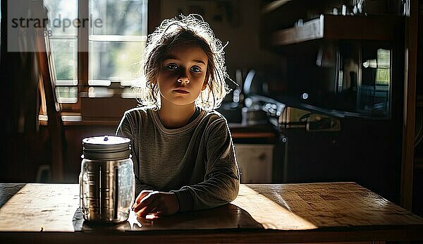 Kleines Mädchen sitzt am Tisch in der Küche. Selektiver Fokus. Mädchen 5 7 Jahre alt. Leeres Glasgefäß auf dem Tisch. Morgenlicht Ai erzeugt