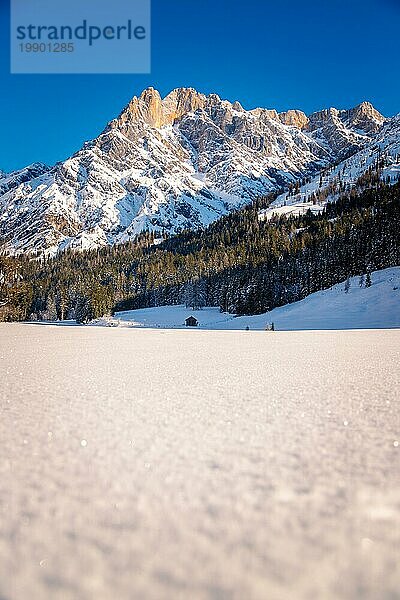 Schöne idyllische Winterlandschaft: atemberaubende Bergkette  verschneite Bäume und blaür Himmel