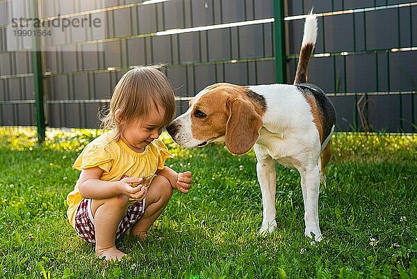 Baby Mädchen zusammen mit Beagle Hund im Garten im Sommer Tag. Haustier mit Kindern Konzept