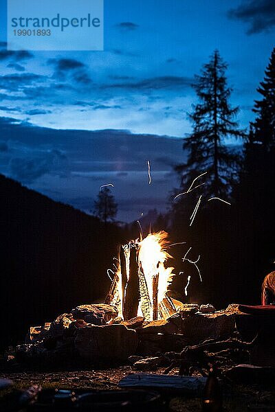 Lagerfeuer im Wald im Sommer  Camping mit Freunden. Platz kopieren