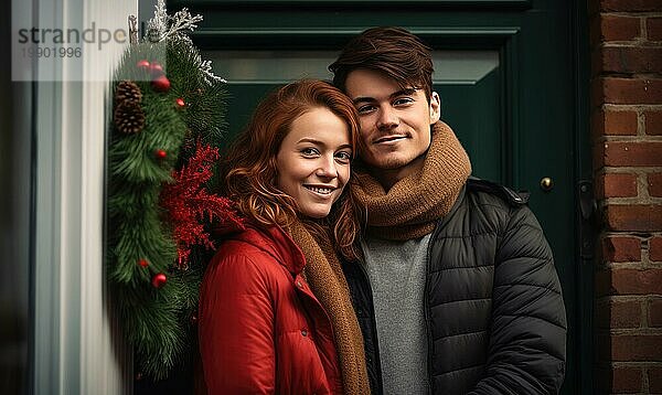 Junges Paar lächelnd zusammen in der Nähe von Haus Tür mit Mistelzweig geschmückt. Weihnachtsferien Ai erzeugt