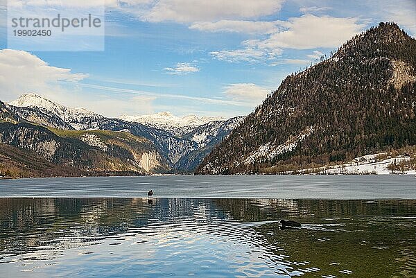 Klare kalte Landschaft mit blauem Himmel am Grundlsee  Österreich  Winter  zugefrorener See. Touristisches Ziel  Europa