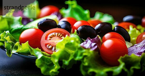 Bunte Tomaten mit schwarzen Oliven und Basilikum. Selektiver Fokus. Gegrillte Tomaten AI erzeugt  KI generiert