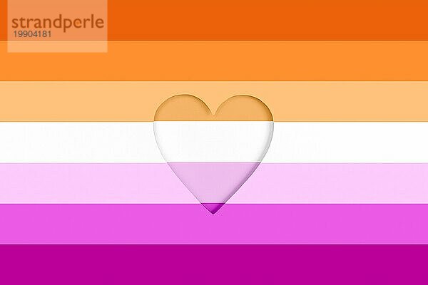 Lesbischer Flaggenhintergrund. Regenbogen Bedruckter Karton mit ausgestanzter Herzform. Ansicht von oben