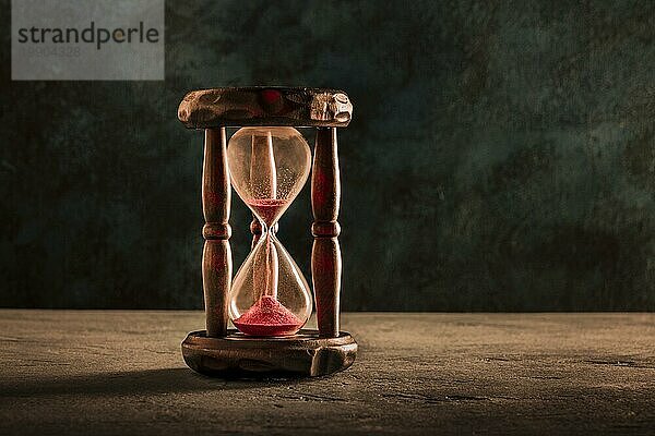 Die Zeit läuft aus Konzept. Eine Sanduhr mit Sand fallen durch  auf einem dunklen Hintergrund mit einem Platz für Text  getönten Bild