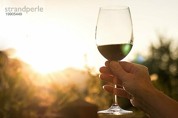 Kaukasische Frau hält ein Glas Rotwein  ausgeschnitten