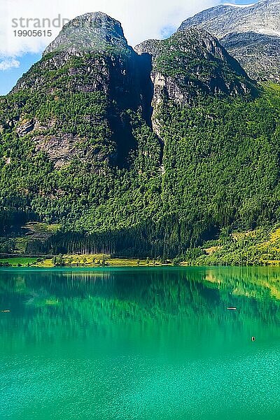 Norwegische Landschaft mit türkisfarbenem Fjordwasser und Waldbergen. Olden  Norwegen  Europa