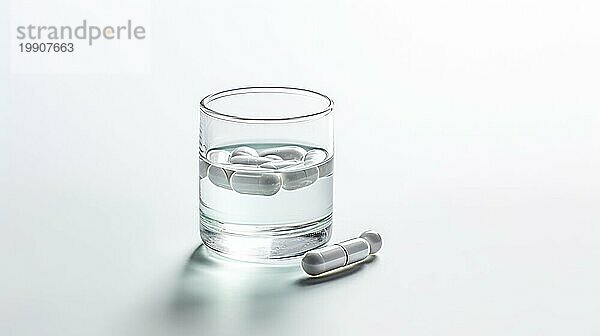 Glas Wasser und Pillen auf weißem Hintergrund. Selektiver Fokus AI erzeugt  KI generiert